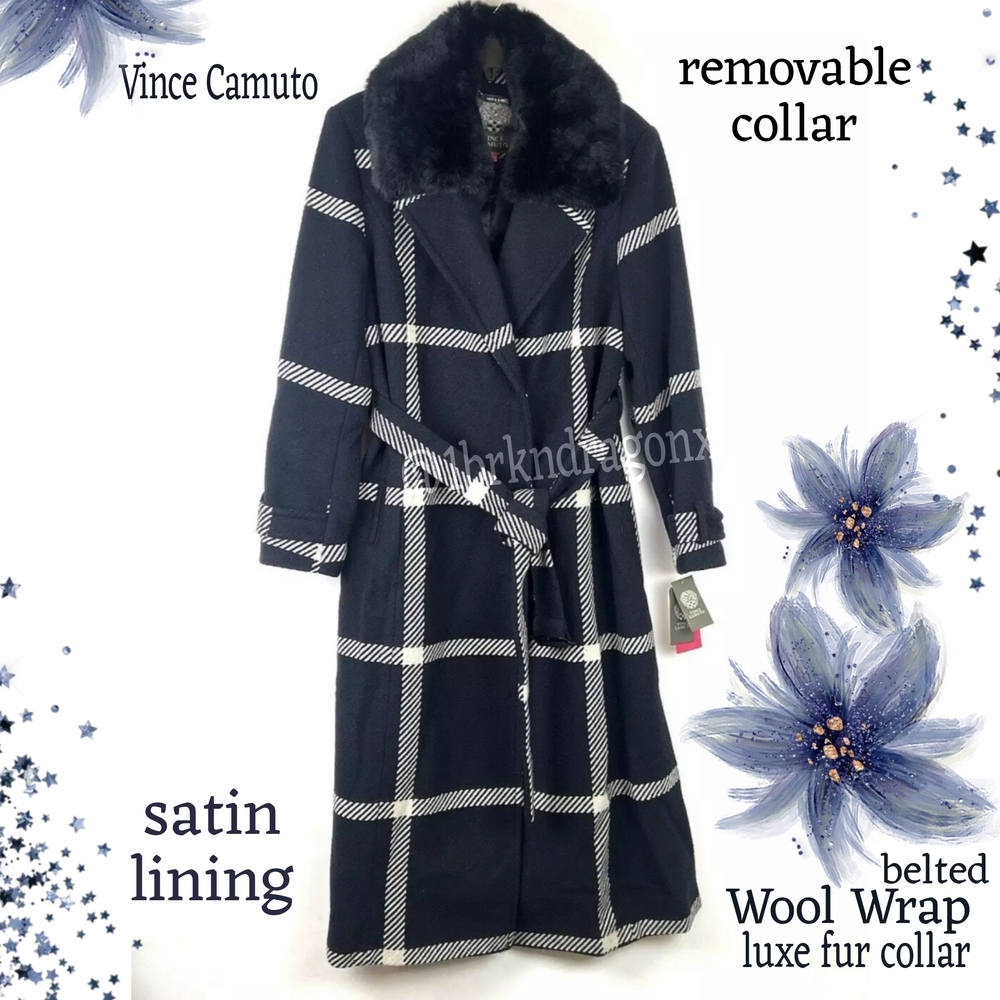 Brand New Vince Camuto Wool Belted Navy White Plaid Trench Coat Fur LARGE FUR - Picture 6 of 17